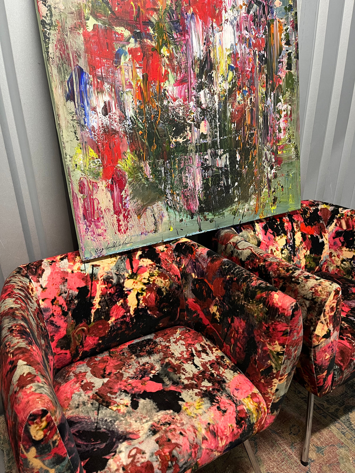 Mid century club chair reupholstered in velvet print by artist Bogdan Mihai RaduI