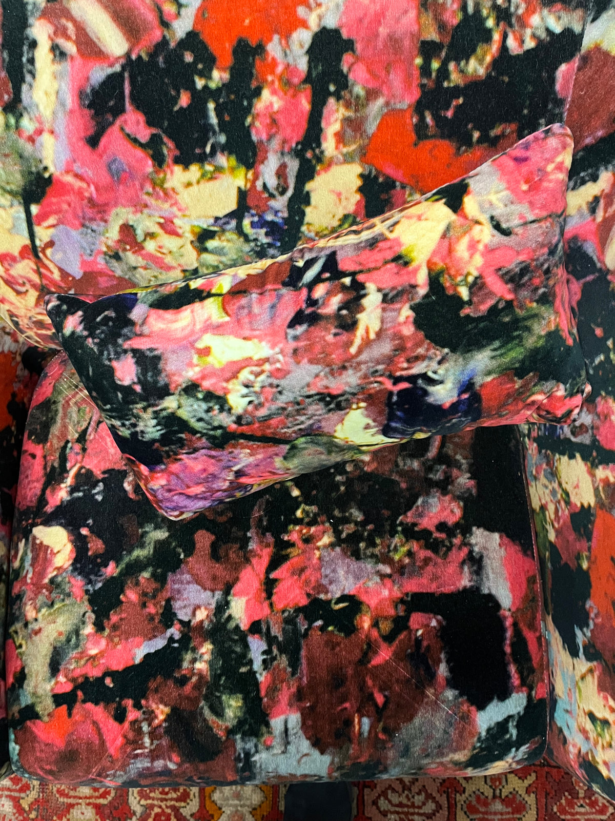 Mid century club chair reupholstered in velvet print by artist Bogdan Mihai RaduI