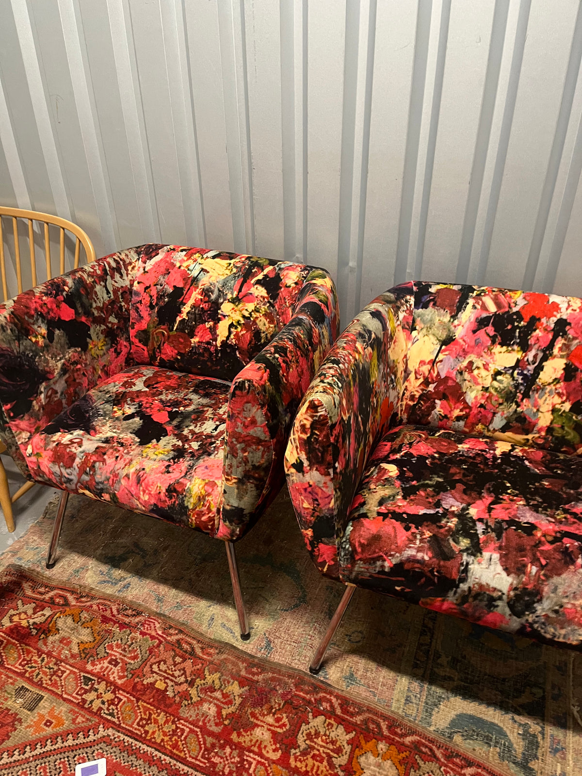 Mid century club chair reupholstered in velvet print by artist Bogdan Mihai RaduI