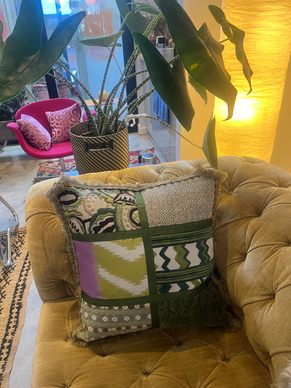 Nina Campbell large square patchwork cushion with fringe