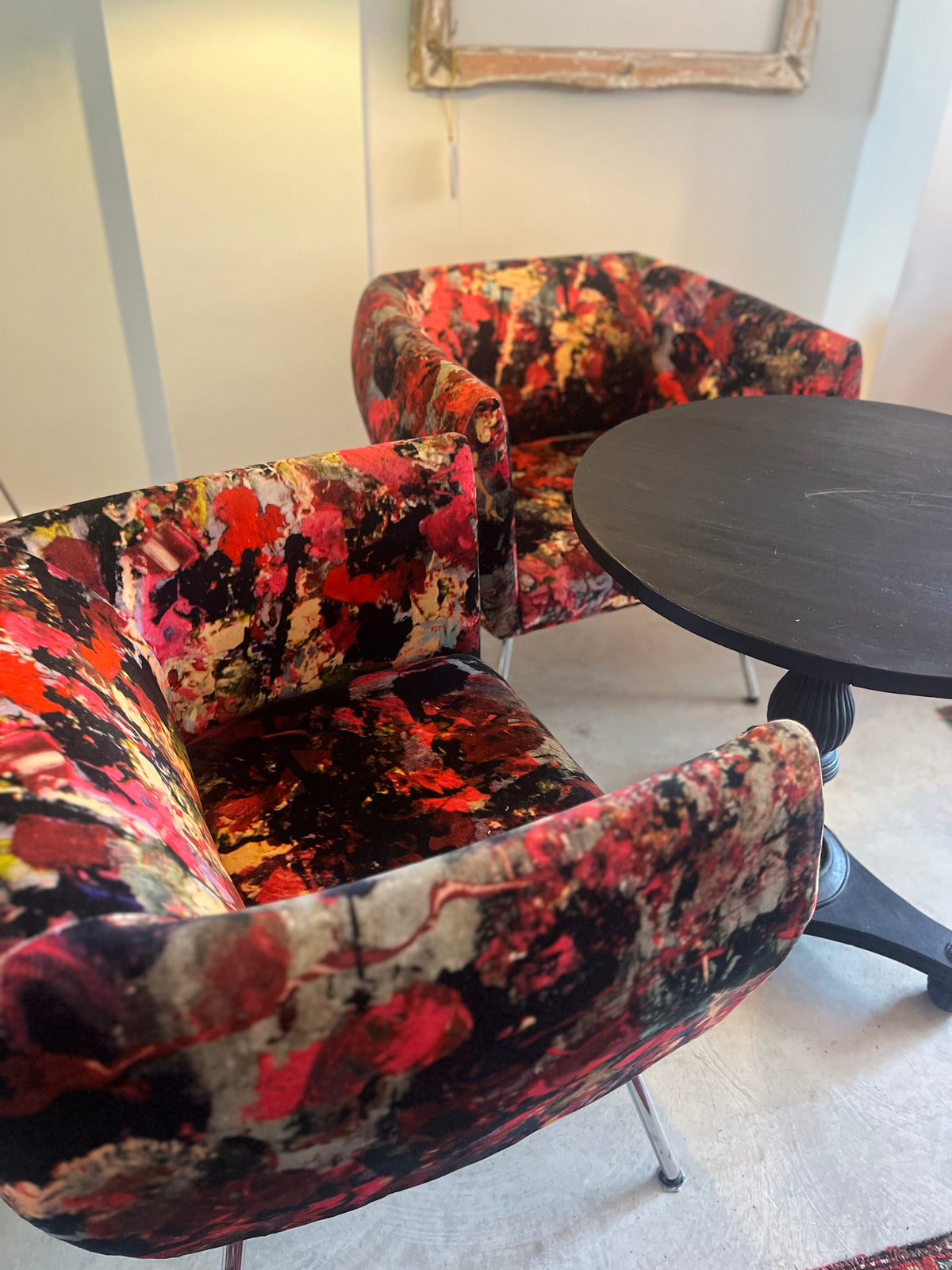 Mid century club chair reupholstered in velvet print by artist Bogdan Mihai RaduI