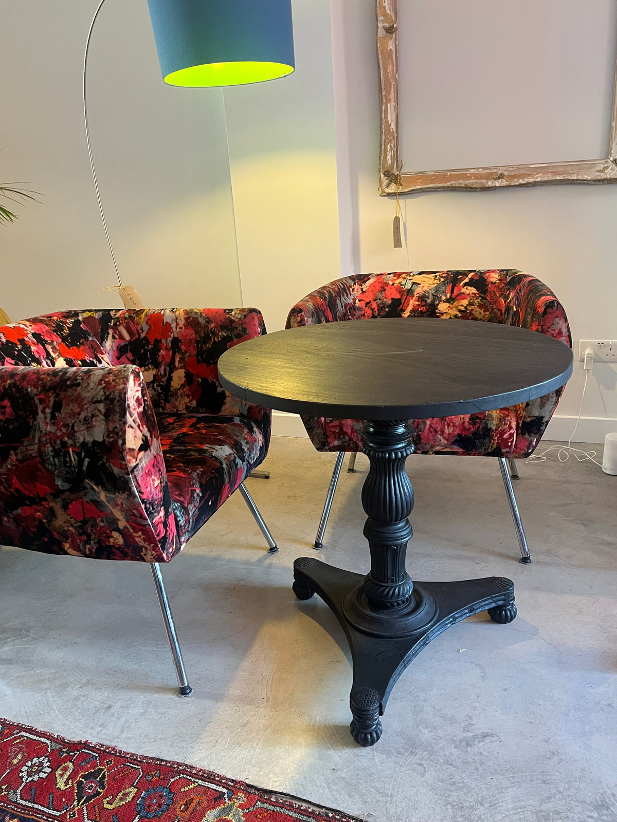 Mid century club chair reupholstered in velvet print by artist Bogdan Mihai RaduI