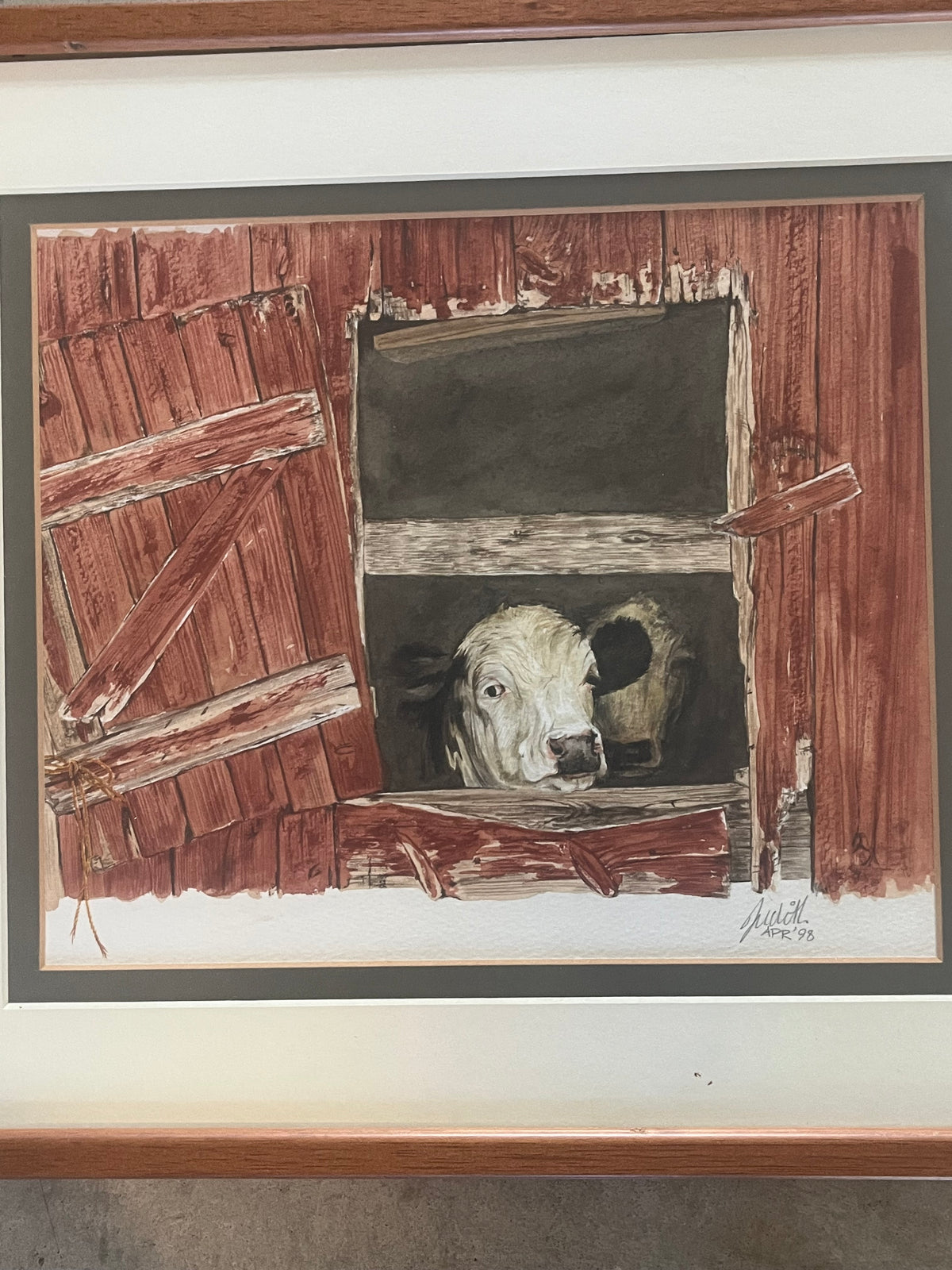 Cows looking over barn door