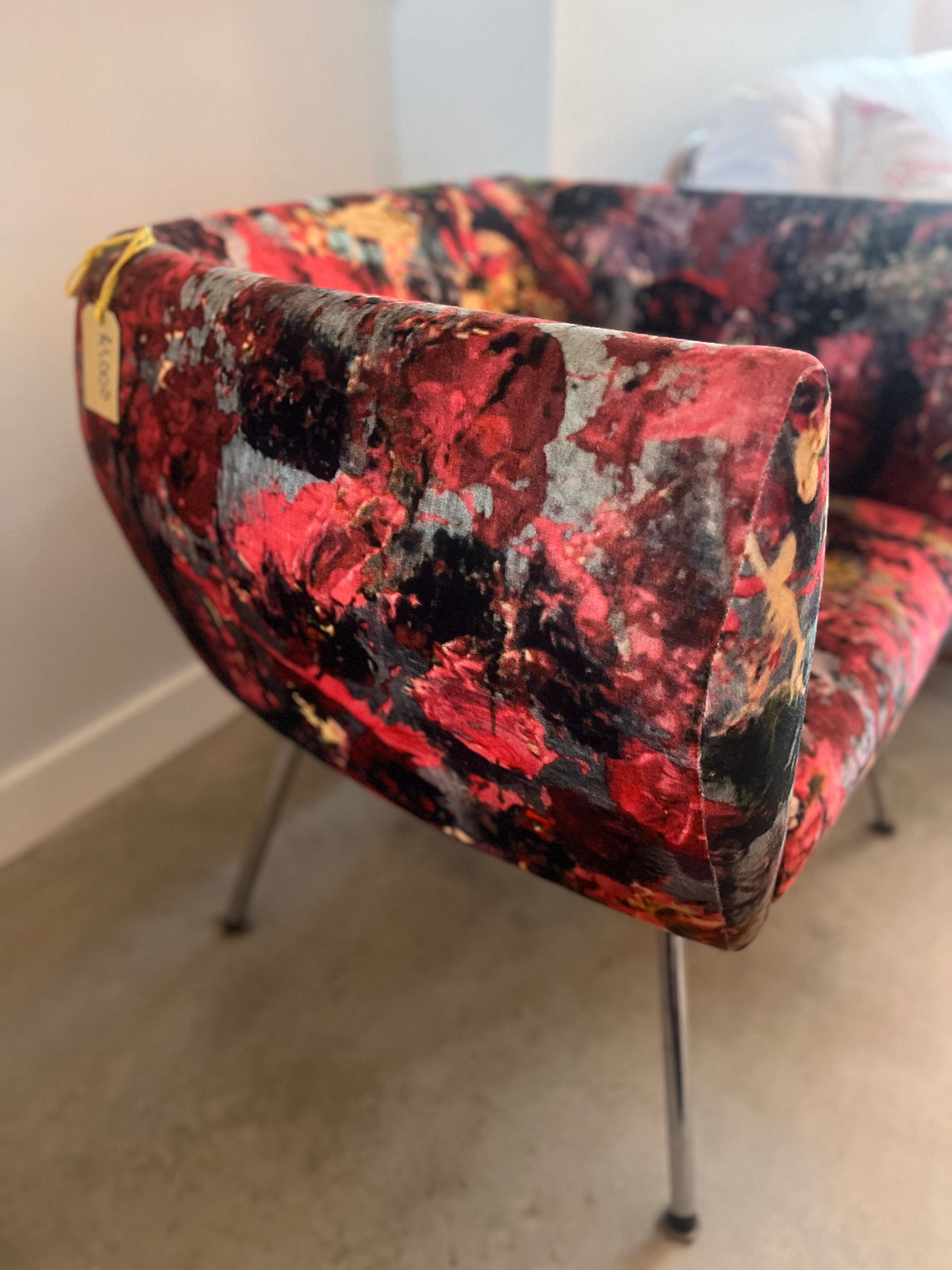 Mid century club chair reupholstered in velvet print by artist Bogdan Mihai RaduI