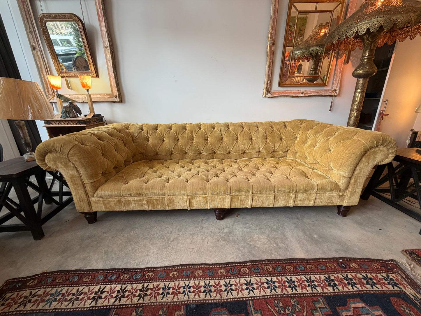 George Smith Deep-Buttoned Sofa in Gold Strié Velvet