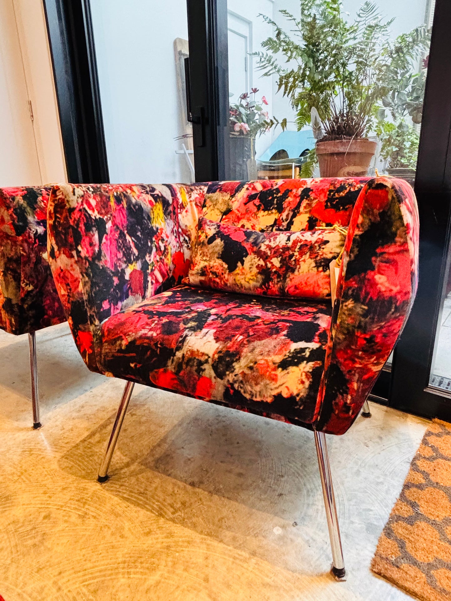 Mid century club chair reupholstered in velvet print by artist Bogdan Mihai RaduI