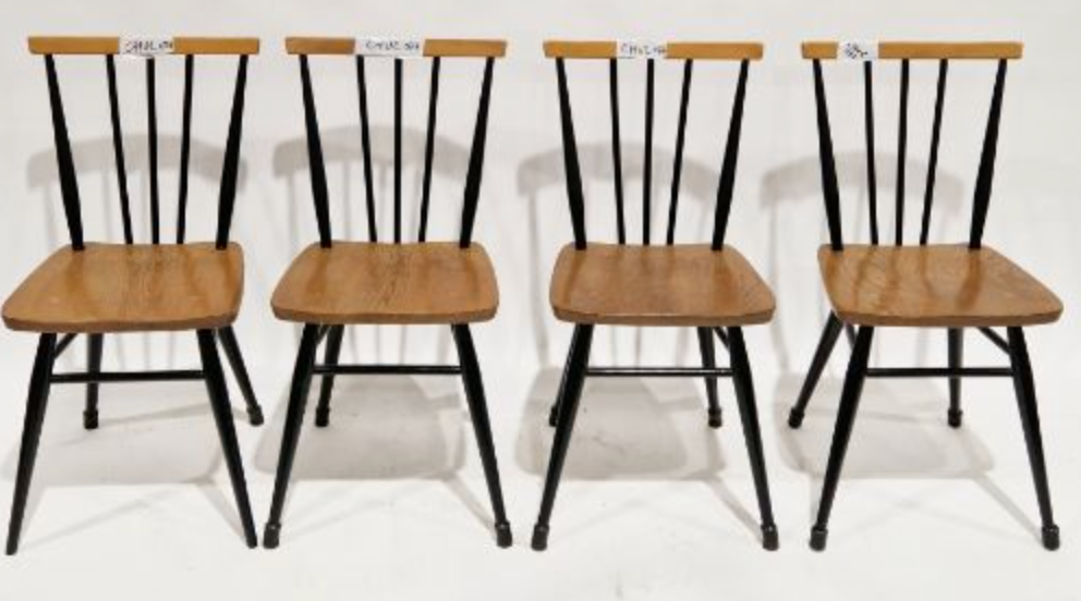 Set of four mid-century Ercol spindle back dining chairs model 608