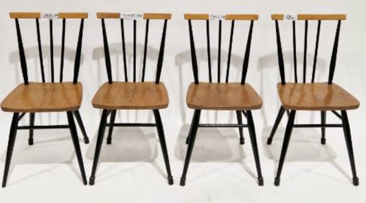 Set of four mid-century Ercol spindle back dining chairs model 608